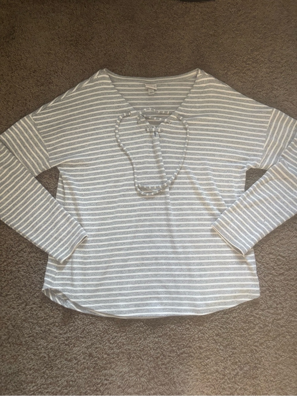 a new day Striped Lace-Up Long Sleeve Top - Light Gray & White